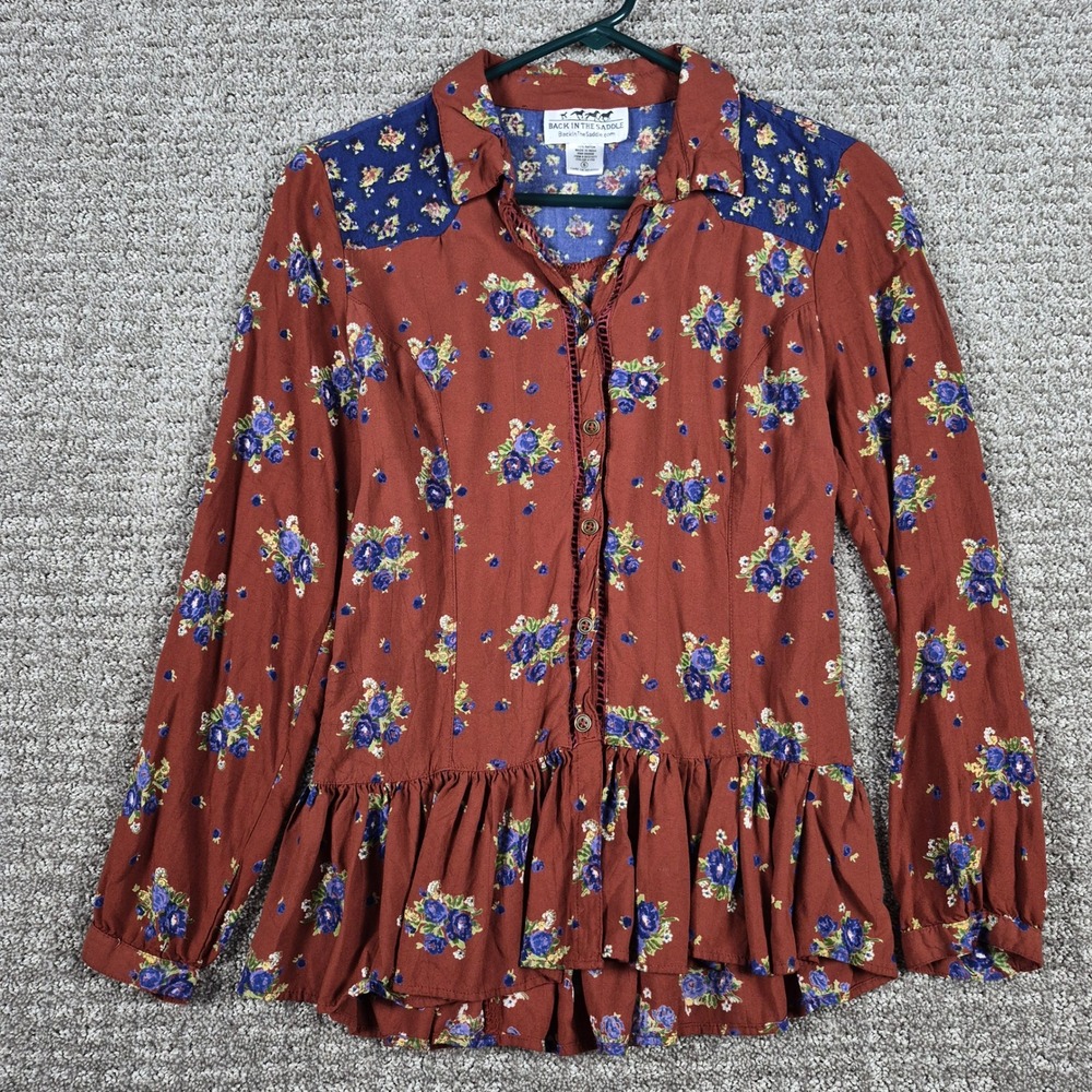 Back In The Saddle Top Womens S Floral Peplum Corset Back Rayon Blouse Cottage